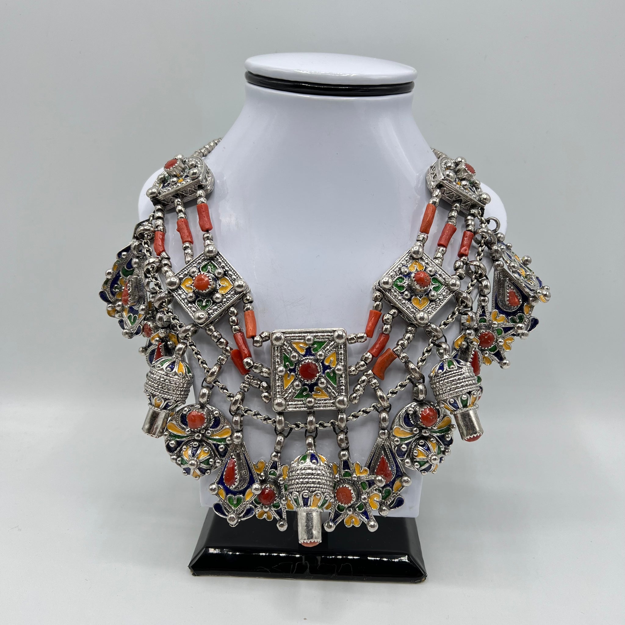Collier Berbère Ancien En Argent Massif Et émail - Kabyle, Avec Poinçons, Vintage